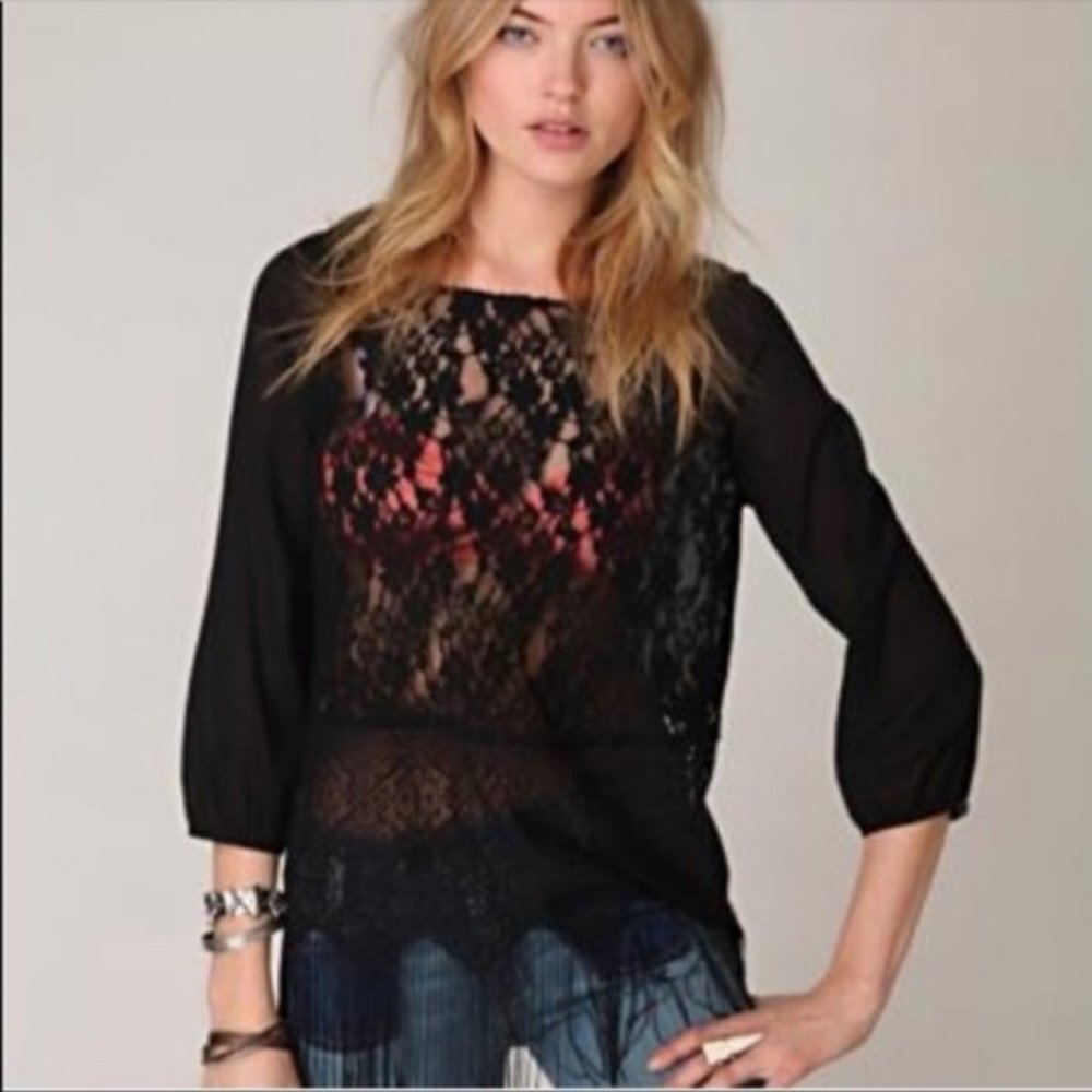 Free People Black Sheer Lace Fringe Top Small